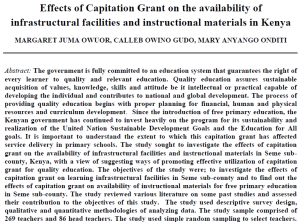 Effects of Capitation Grant on the availability of infrastructural facilities and instructional materials in Kenya